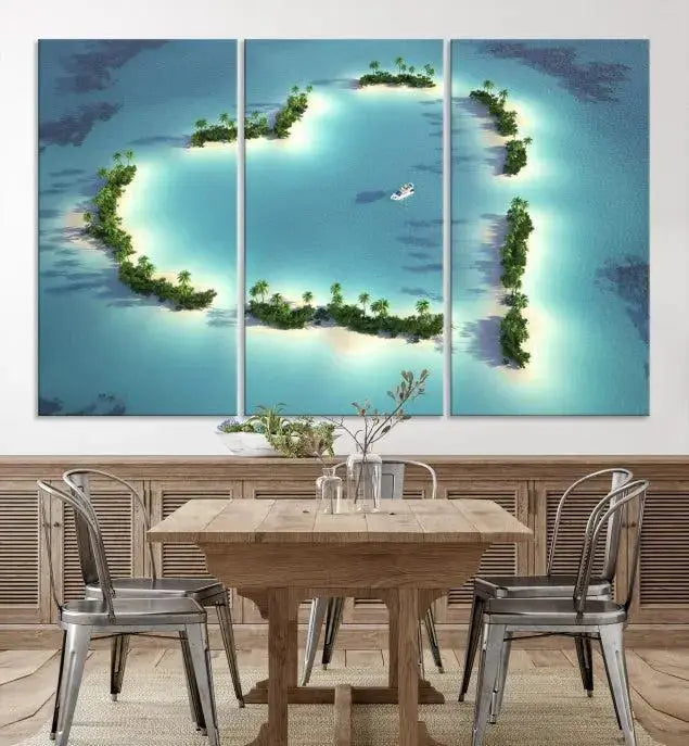 The breathtaking "Lovers' Heart-Shaped Island Ocean Beach Wall Art Canvas Print," showcasing a boat at the center of a heart-shaped island, is created on gallery-wrapped, museum-quality canvas, promising enduring beauty and durability.