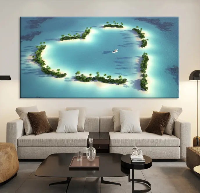 The breathtaking "Lovers' Heart-Shaped Island Ocean Beach Wall Art Canvas Print," showcasing a boat at the center of a heart-shaped island, is created on gallery-wrapped, museum-quality canvas, promising enduring beauty and durability.