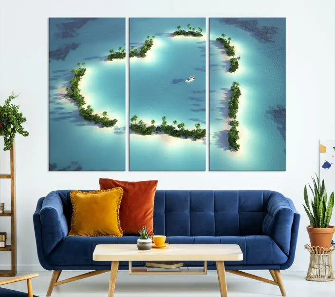 The breathtaking "Lovers' Heart-Shaped Island Ocean Beach Wall Art Canvas Print," showcasing a boat at the center of a heart-shaped island, is created on gallery-wrapped, museum-quality canvas, promising enduring beauty and durability.