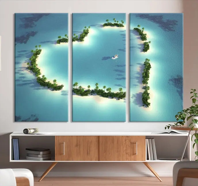 The breathtaking "Lovers' Heart-Shaped Island Ocean Beach Wall Art Canvas Print," showcasing a boat at the center of a heart-shaped island, is created on gallery-wrapped, museum-quality canvas, promising enduring beauty and durability.