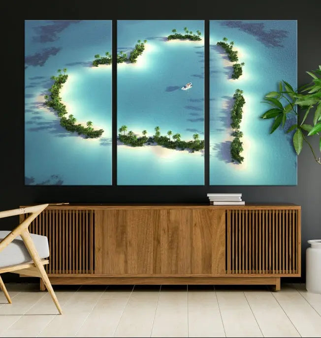 The breathtaking "Lovers' Heart-Shaped Island Ocean Beach Wall Art Canvas Print," showcasing a boat at the center of a heart-shaped island, is created on gallery-wrapped, museum-quality canvas, promising enduring beauty and durability.