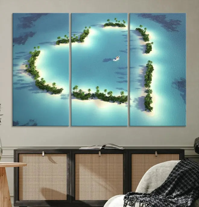 The breathtaking "Lovers' Heart-Shaped Island Ocean Beach Wall Art Canvas Print," showcasing a boat at the center of a heart-shaped island, is created on gallery-wrapped, museum-quality canvas, promising enduring beauty and durability.