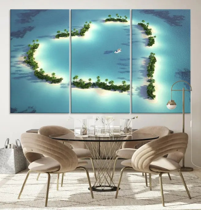 The breathtaking "Lovers' Heart-Shaped Island Ocean Beach Wall Art Canvas Print," showcasing a boat at the center of a heart-shaped island, is created on gallery-wrapped, museum-quality canvas, promising enduring beauty and durability.