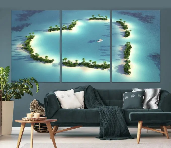 The breathtaking "Lovers' Heart-Shaped Island Ocean Beach Wall Art Canvas Print," showcasing a boat at the center of a heart-shaped island, is created on gallery-wrapped, museum-quality canvas, promising enduring beauty and durability.