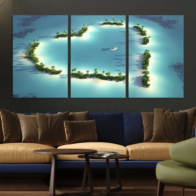 The breathtaking "Lovers' Heart-Shaped Island Ocean Beach Wall Art Canvas Print," showcasing a boat at the center of a heart-shaped island, is created on gallery-wrapped, museum-quality canvas, promising enduring beauty and durability.