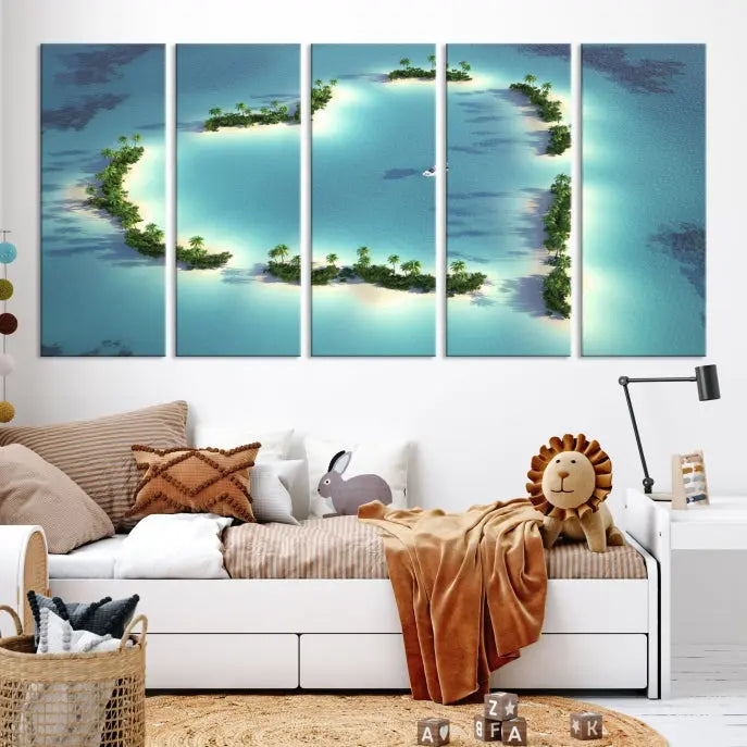 The breathtaking "Lovers' Heart-Shaped Island Ocean Beach Wall Art Canvas Print," showcasing a boat at the center of a heart-shaped island, is created on gallery-wrapped, museum-quality canvas, promising enduring beauty and durability.