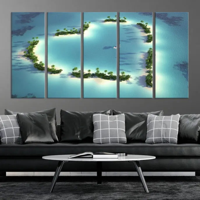 The breathtaking "Lovers' Heart-Shaped Island Ocean Beach Wall Art Canvas Print," showcasing a boat at the center of a heart-shaped island, is created on gallery-wrapped, museum-quality canvas, promising enduring beauty and durability.