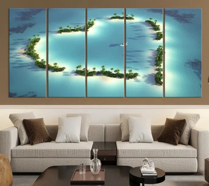 The breathtaking "Lovers' Heart-Shaped Island Ocean Beach Wall Art Canvas Print," showcasing a boat at the center of a heart-shaped island, is created on gallery-wrapped, museum-quality canvas, promising enduring beauty and durability.