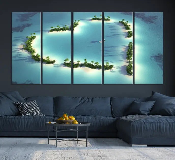 The breathtaking "Lovers' Heart-Shaped Island Ocean Beach Wall Art Canvas Print," showcasing a boat at the center of a heart-shaped island, is created on gallery-wrapped, museum-quality canvas, promising enduring beauty and durability.