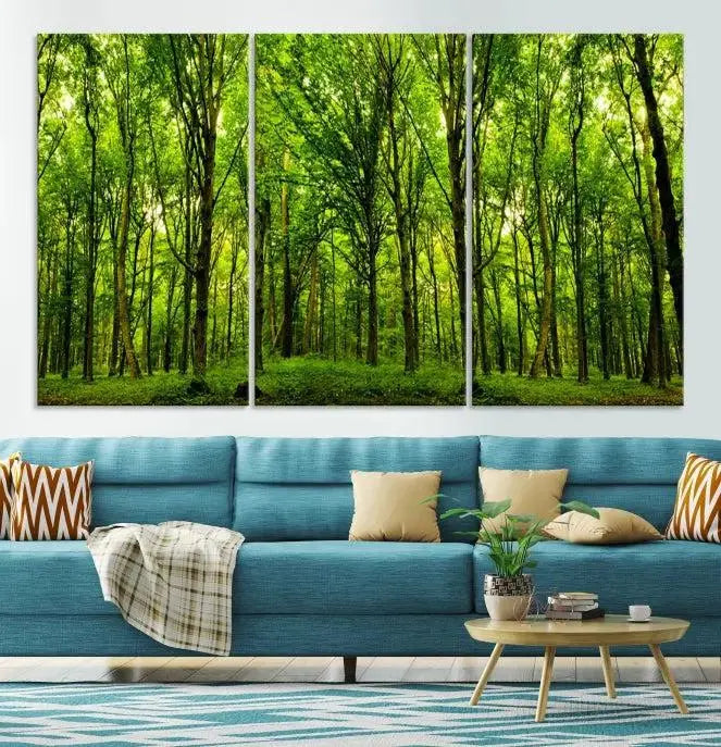 A modern living room features the Lush Green Forest Canvas Print—a 3-panel forest wall art—mounted above, creating an ideal retreat for nature lovers.