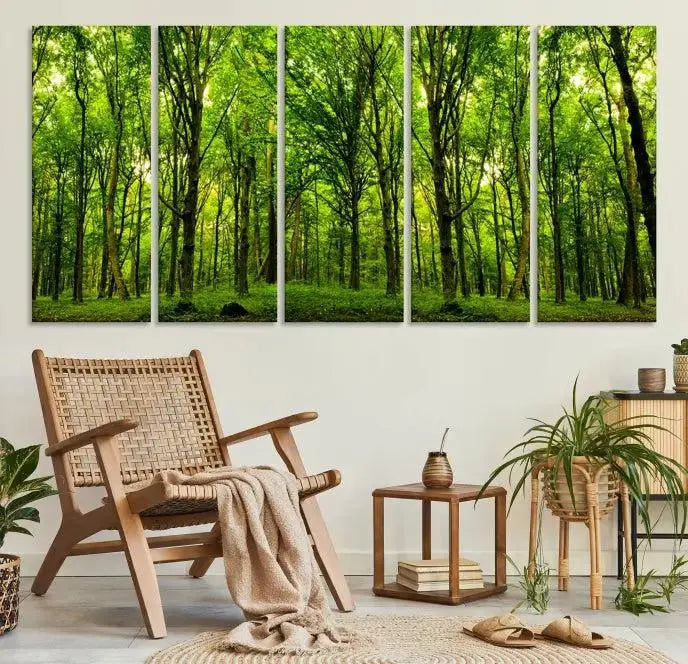 A modern living room features the Lush Green Forest Canvas Print—a 3-panel forest wall art—mounted above, creating an ideal retreat for nature lovers.