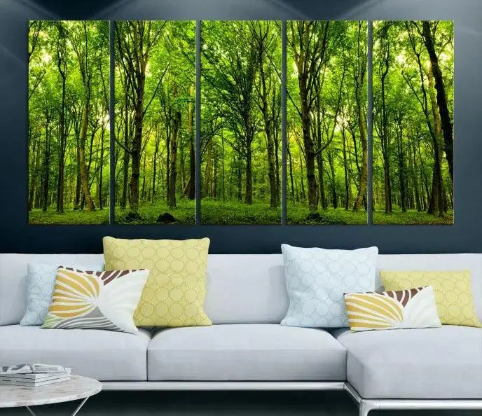 A modern living room features the Lush Green Forest Canvas Print—a 3-panel forest wall art—mounted above, creating an ideal retreat for nature lovers.