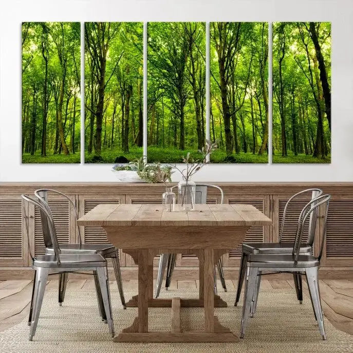 A modern living room features the Lush Green Forest Canvas Print—a 3-panel forest wall art—mounted above, creating an ideal retreat for nature lovers.