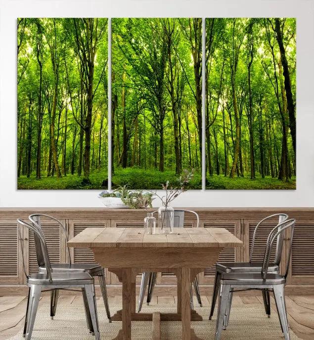 A modern living room features the Lush Green Forest Canvas Print—a 3-panel forest wall art—mounted above, creating an ideal retreat for nature lovers.