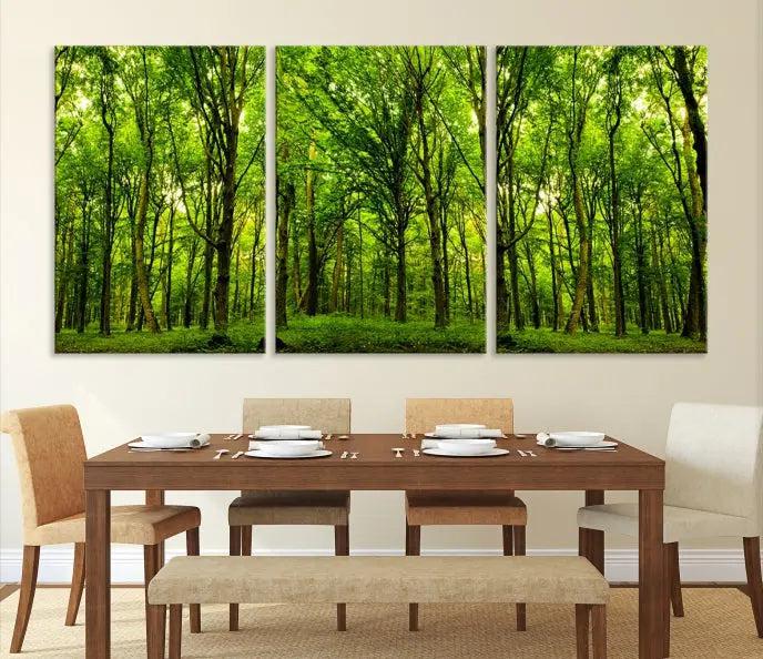 A modern living room features the Lush Green Forest Canvas Print—a 3-panel forest wall art—mounted above, creating an ideal retreat for nature lovers.