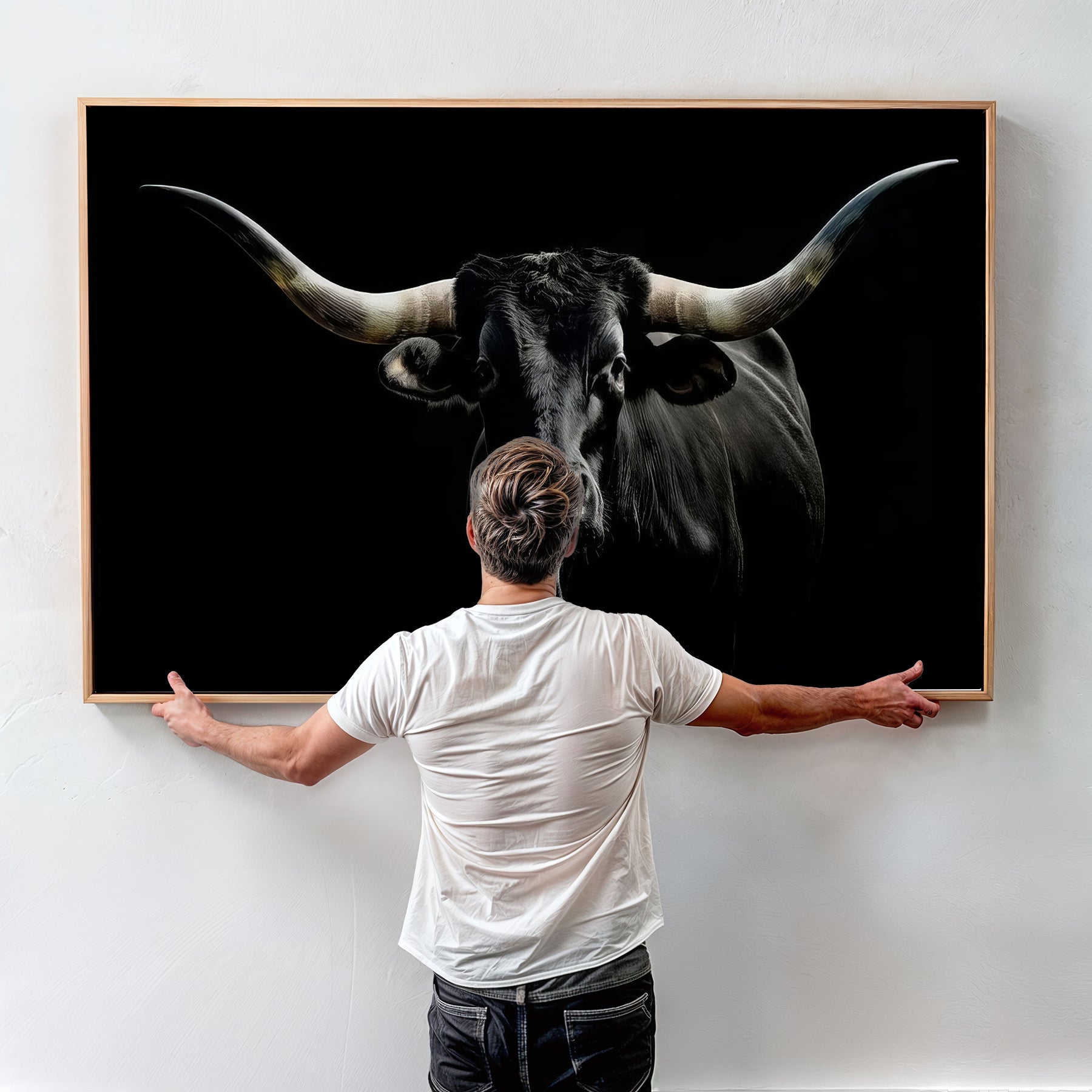 20679-MGV-CV-36X24-Texas Black Longhorn Bull Wall Art Canvas Print - Western Texas Cattle Rustic Decor Print - Longhorn Cow Wall Art