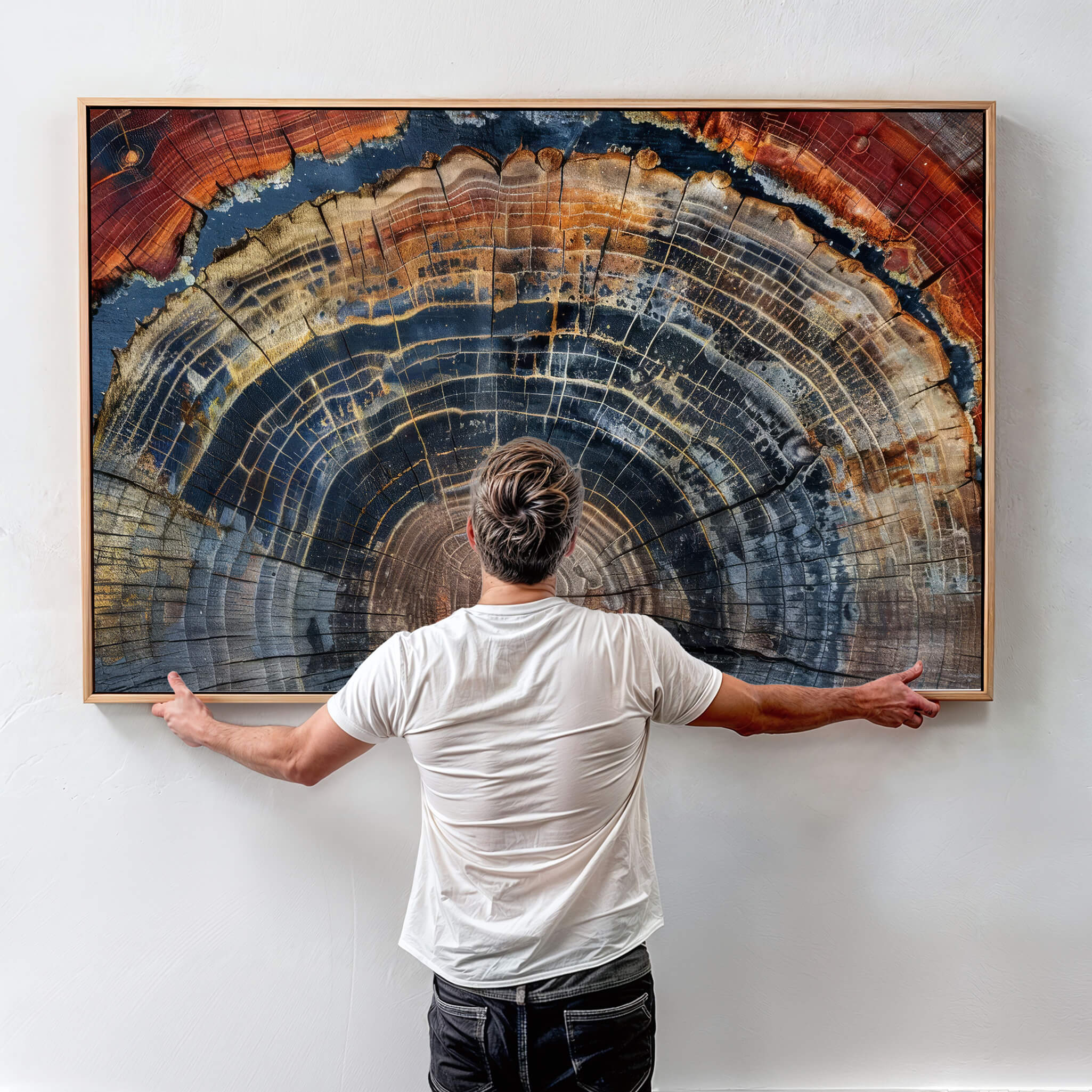 63519-MGV-FC-48X32-3P_Walnut-Abstract Tree Ring Wall Art - Colorful Framed Tree Ring Wall Decor, Minimalist Home Canvas Art, Modern Farmhouse Decor