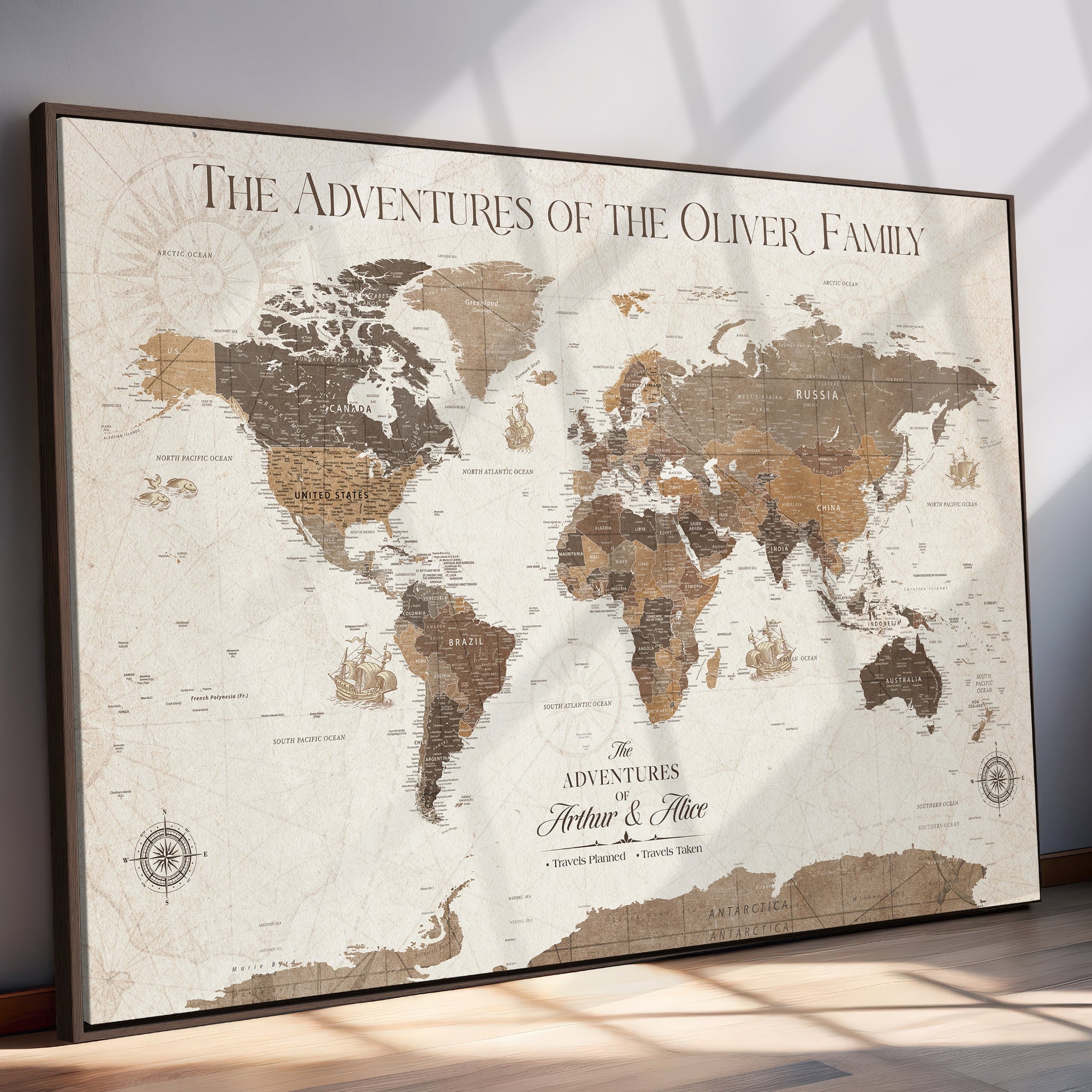 84483613-MGV-CV-36X24-Personalized Push Pin World Map Canvas Print Custom Family Travel Tracker Map Framed Adventure Gift for Couples Home Office