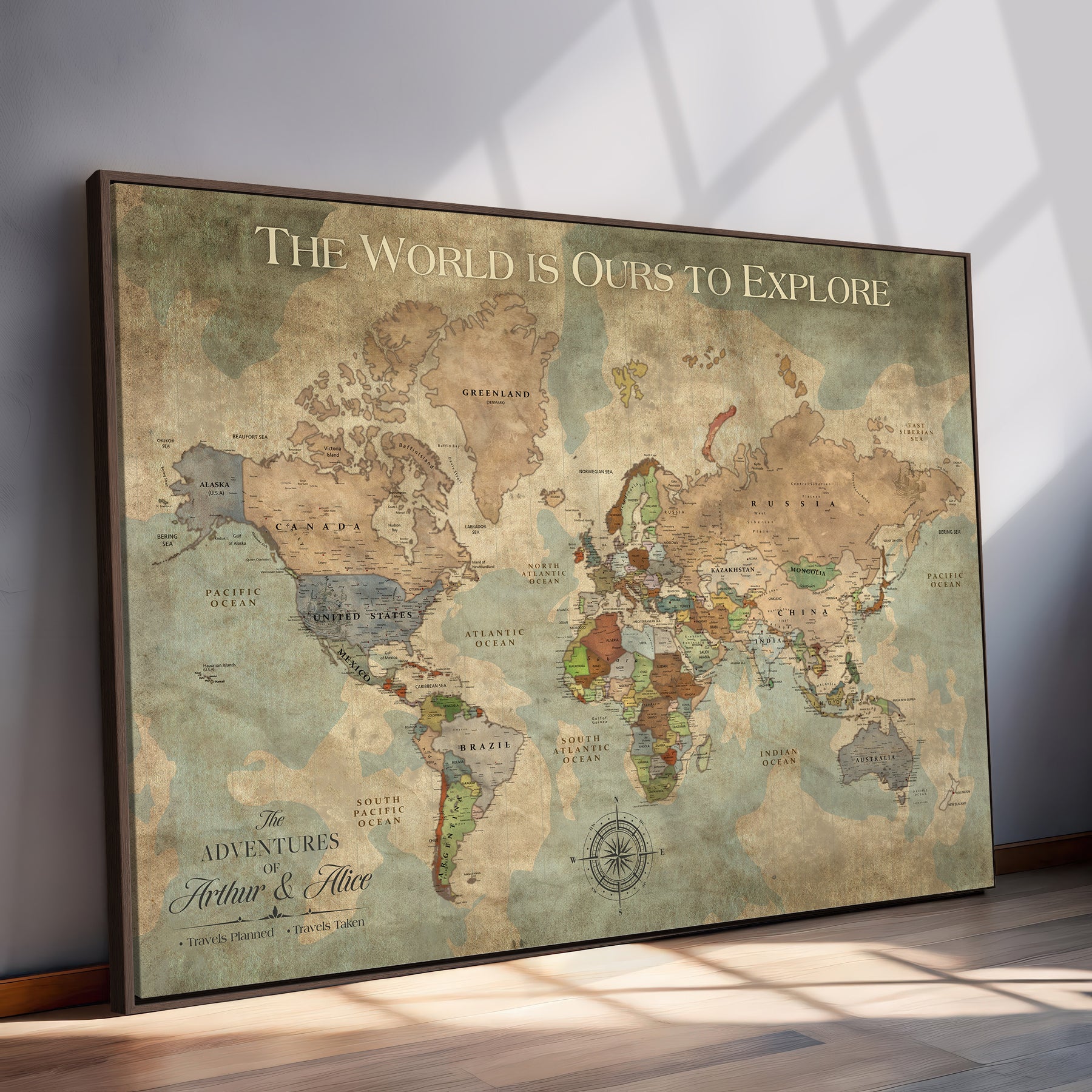 45566494-MGV-CV-36X24-Framed Personalized Push Pin World Map Custom Travel Wall Art Gift Anniversary Canvas for Home Decoration Adventure Collectors