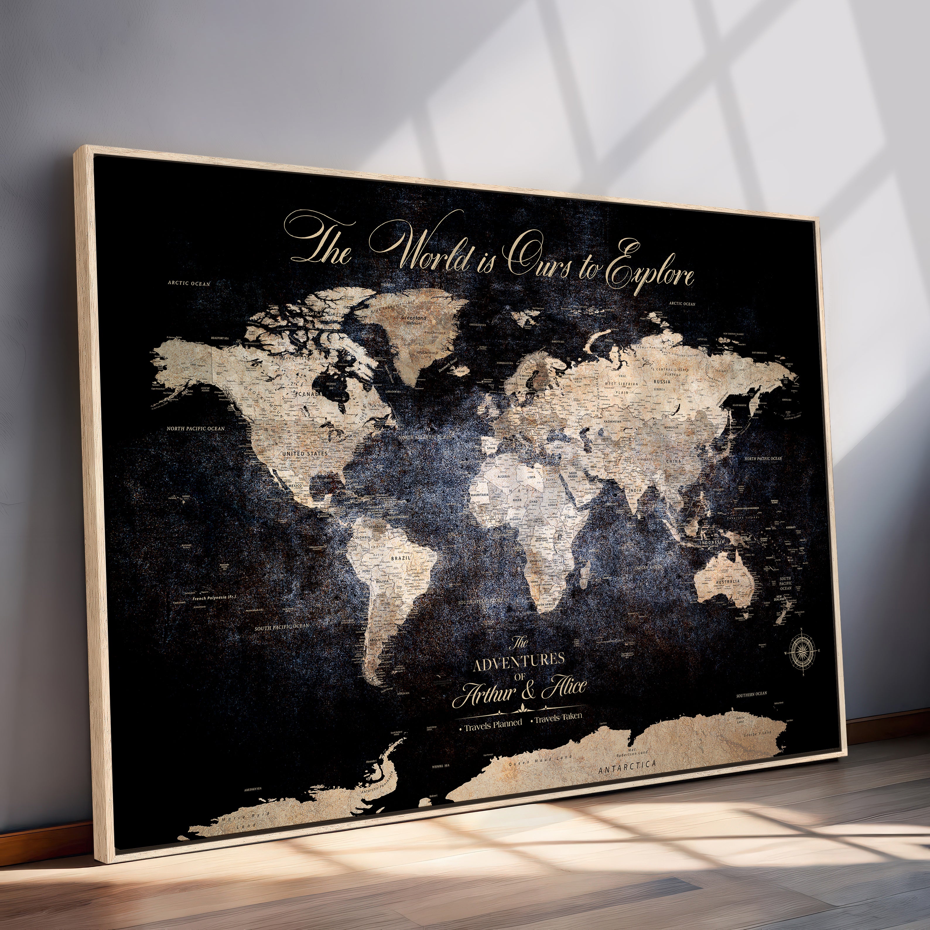 21010471-MGV-CV-36X24-Customize Push Pin World Map Wall Canvas Print, Personalized Travel Tracker with Pins, Framed Large Canvas for Home Office Decor - H37