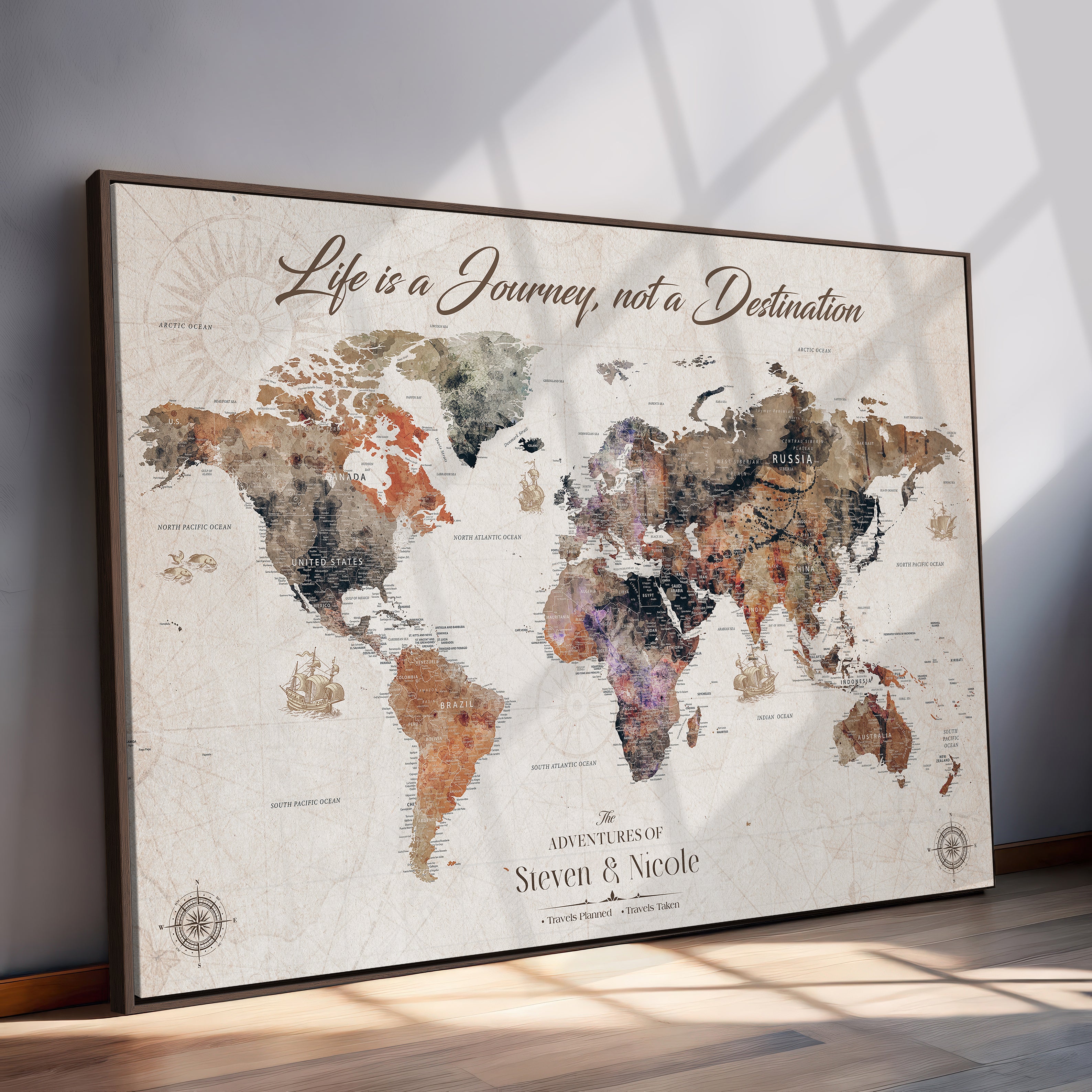96000140-MGV-CV-36X24-Custom Push Pin World Map Wall Canvas Print – Personalized Travel Tracker with Pins – Framed Large Multi-Size Canvas for Home Office Decor