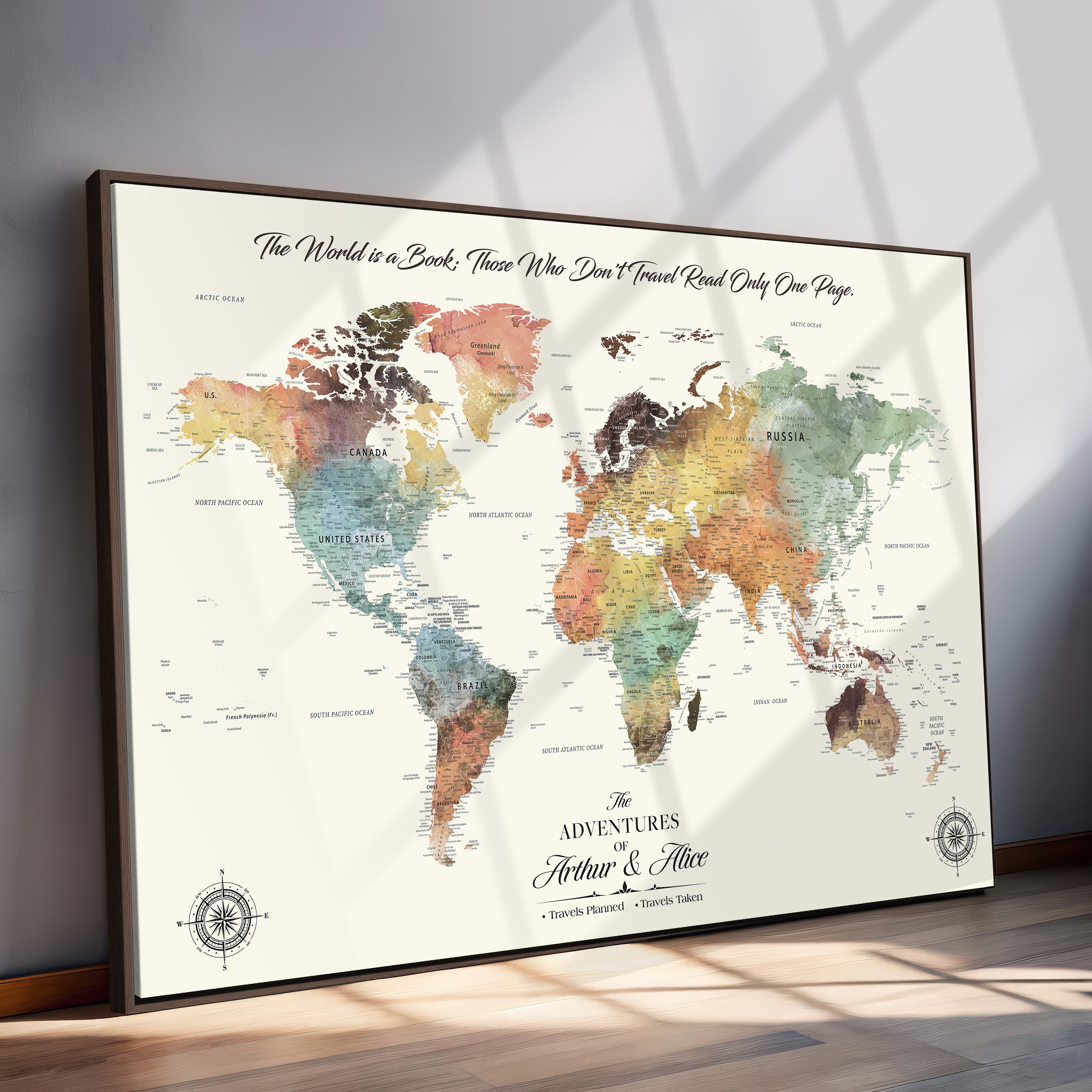 40183091-MGV-CV-36X24-Custom Framed World Map Canvas Print – Personalized Push Pin Travel Tracker Gift for Couples, Weddings, or Anniversary Celebrations
