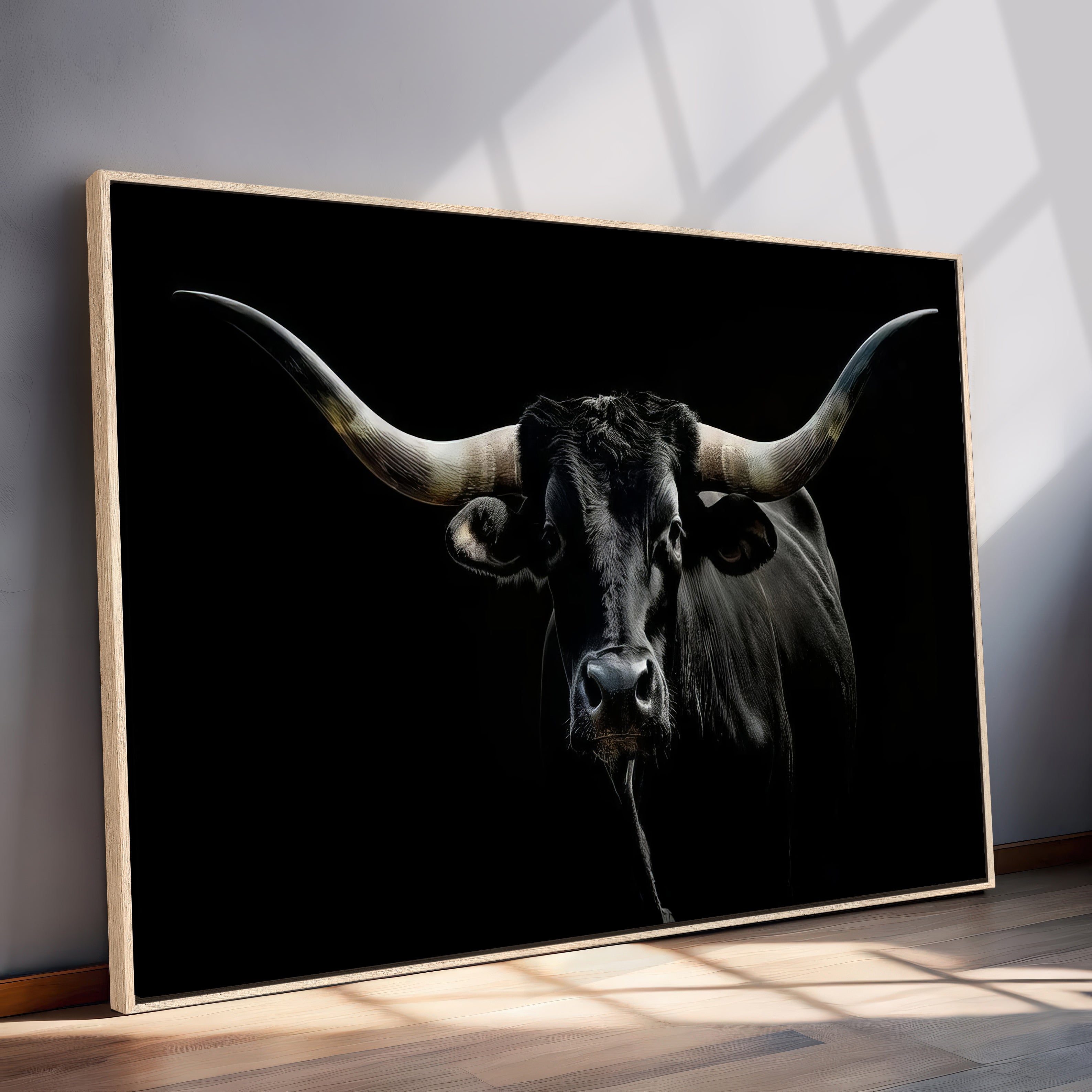20679-MGV-CV-36X24-Texas Black Longhorn Bull Wall Art Canvas Print - Western Texas Cattle Rustic Decor Print - Longhorn Cow Wall Art