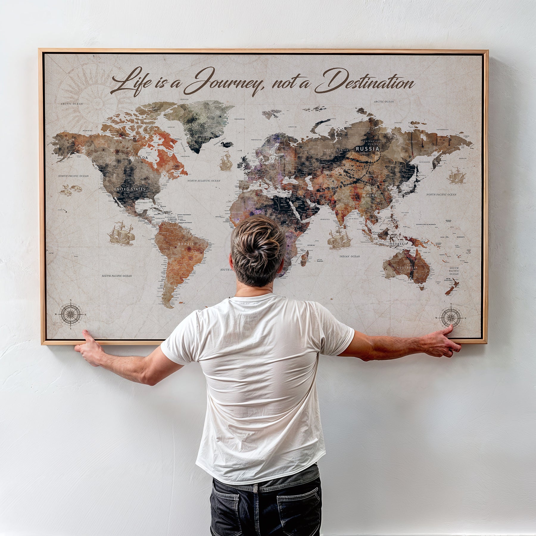 96000140-MGV-CV-36X24-Custom Push Pin World Map Wall Canvas Print – Personalized Travel Tracker with Pins – Framed Large Multi-Size Canvas for Home Office Decor
