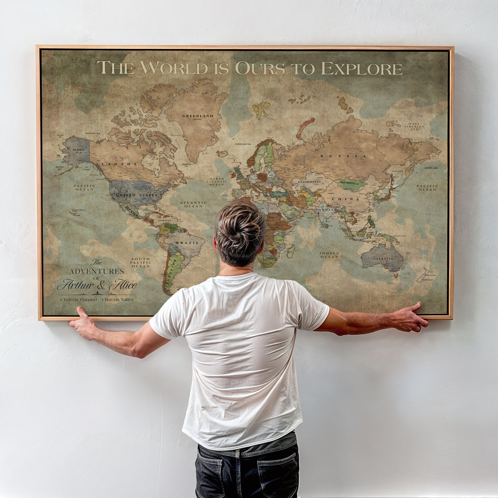 45566494-MGV-CV-36X24-Framed Personalized Push Pin World Map Custom Travel Wall Art Gift Anniversary Canvas for Home Decoration Adventure Collectors