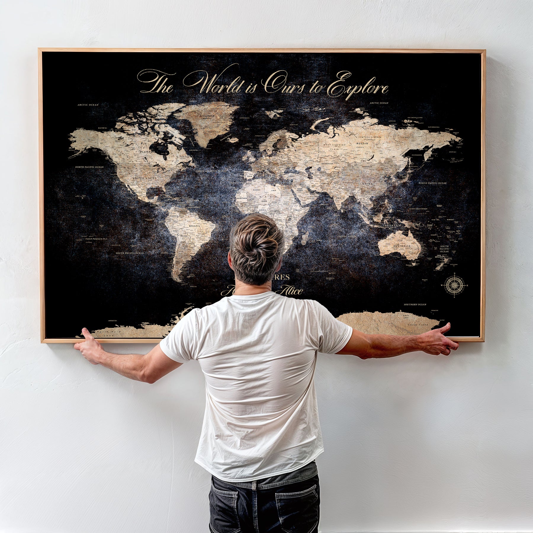 21010471-MGV-CV-36X24-Customize Push Pin World Map Wall Canvas Print, Personalized Travel Tracker with Pins, Framed Large Canvas for Home Office Decor - H37