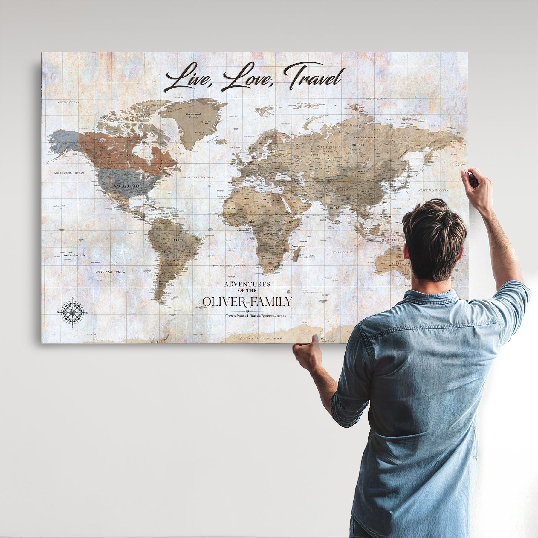 76256172-MGV-CV-36X24-Custom Push Pin World Map Wall Canvas Print – Personalized Travel Tracker with Pins – Framed Large Multi-Size Canvas for Home Office Decor