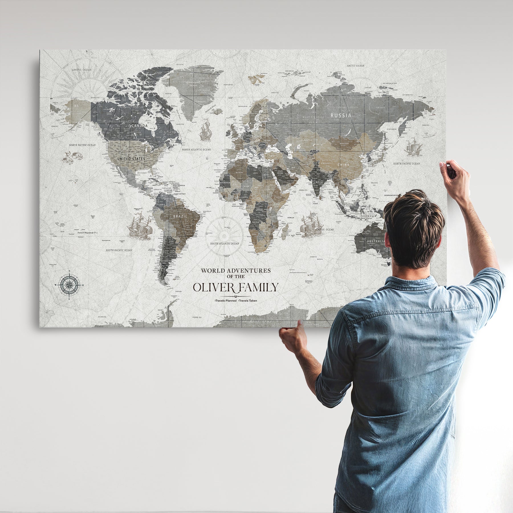 24596128-MGV-CV-36X24-Custom Push Pin World Map Wall Canvas Print – Personalized Travel Tracker with Pins – Framed Large Multi-Size Canvas for Home Office Decor
