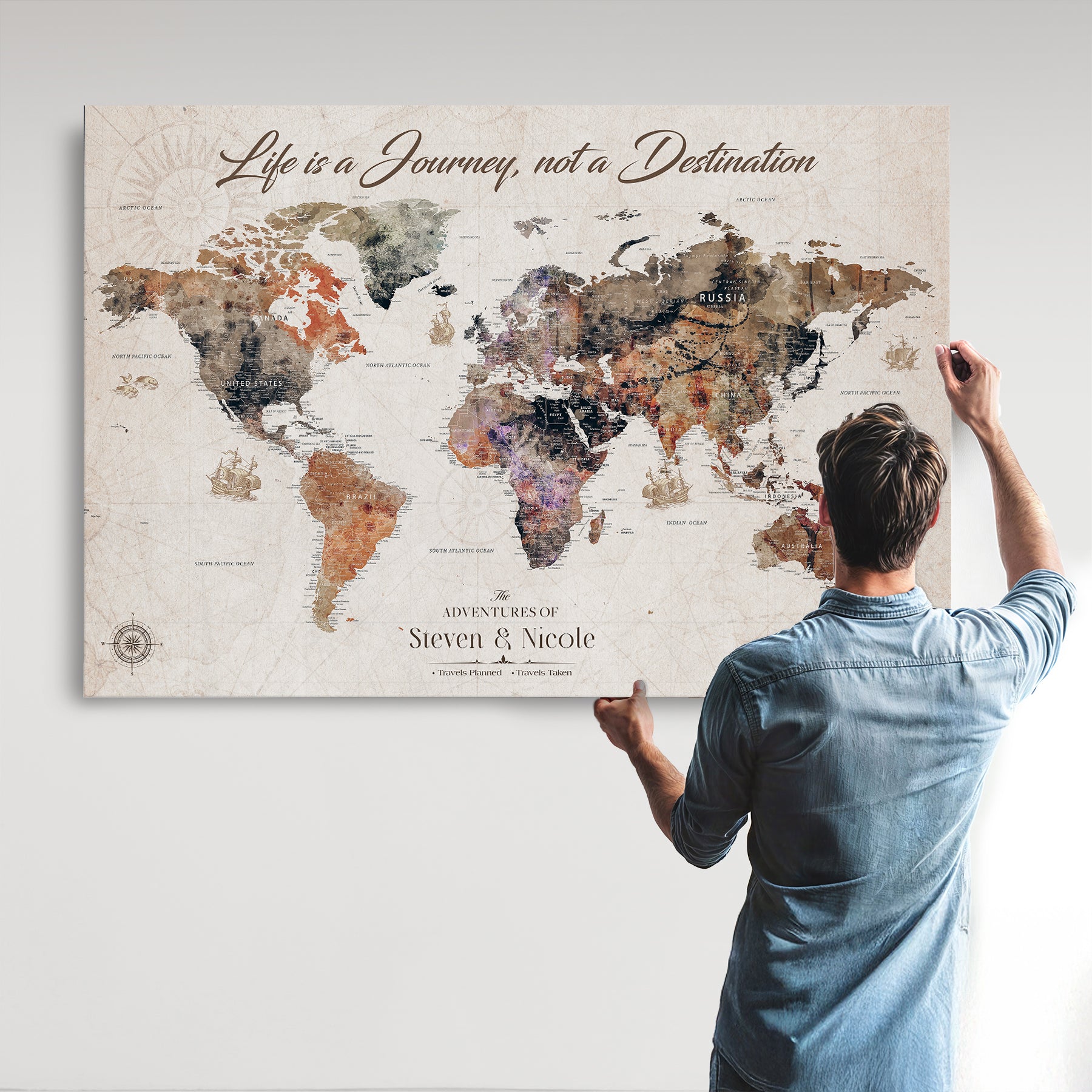 96000140-MGV-CV-36X24-Custom Push Pin World Map Wall Canvas Print – Personalized Travel Tracker with Pins – Framed Large Multi-Size Canvas for Home Office Decor
