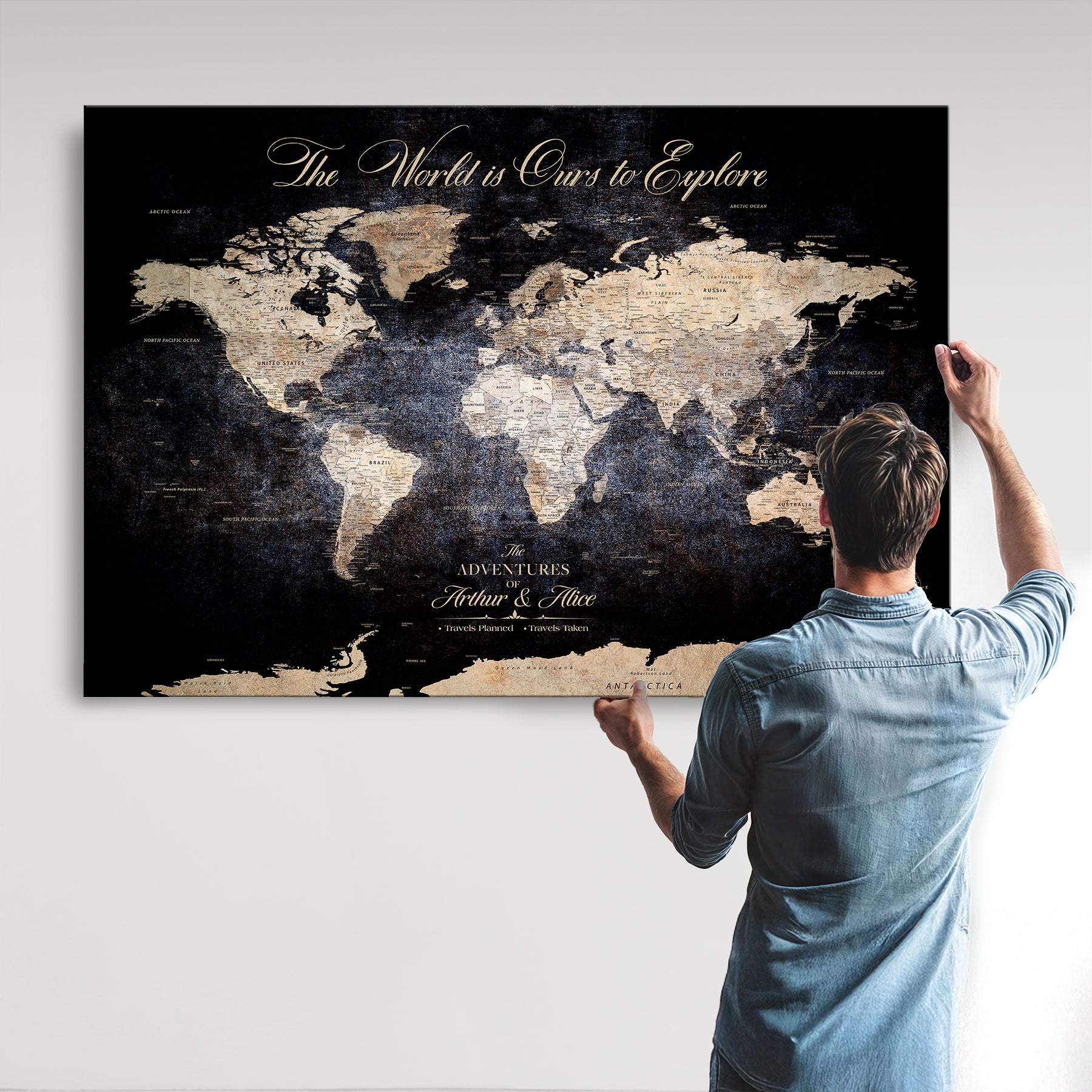 21010471-MGV-CV-36X24-Customize Push Pin World Map Wall Canvas Print, Personalized Travel Tracker with Pins, Framed Large Canvas for Home Office Decor - H37