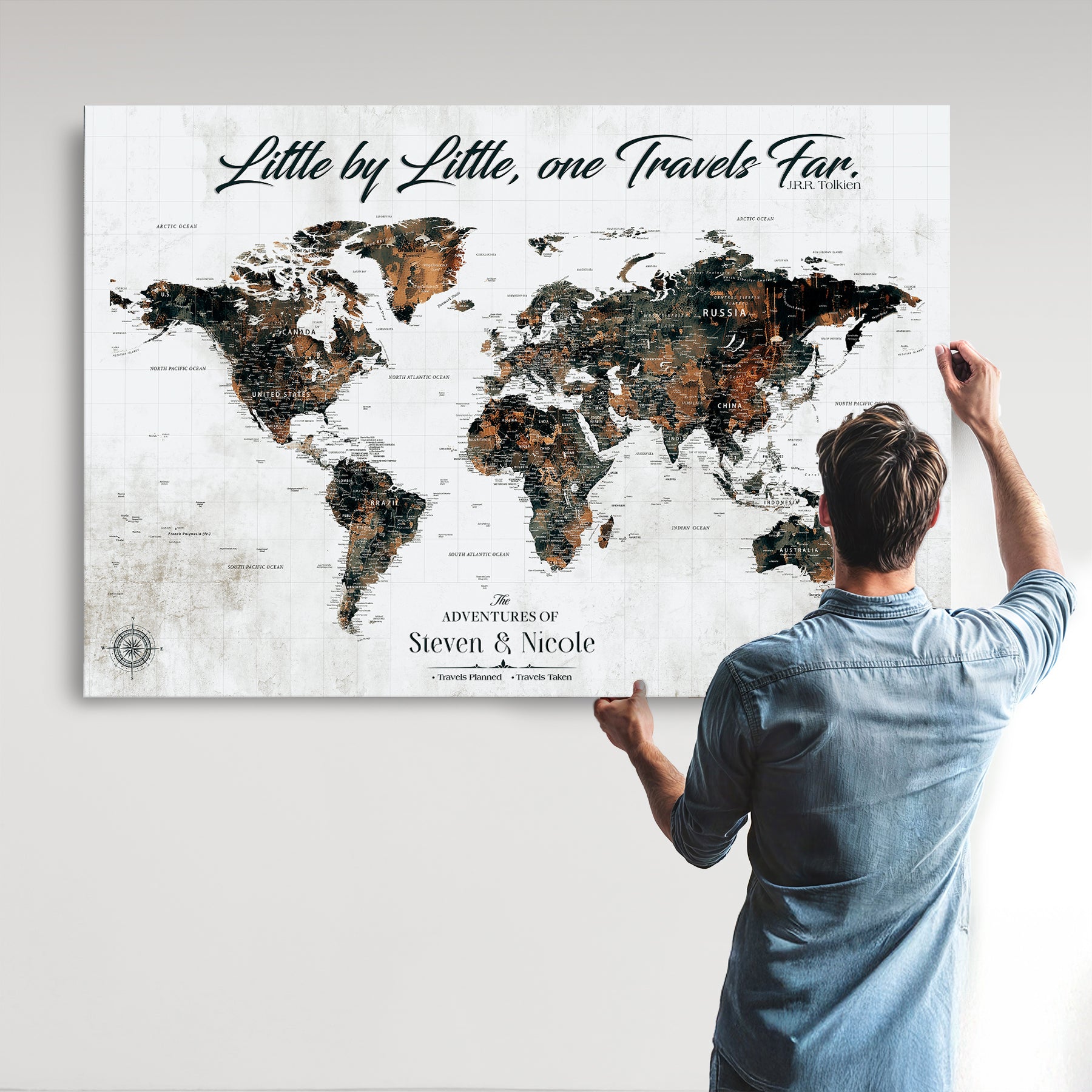 89231588-MGV-CV-36X24-Custom Push Pin World Map Wall Canvas Print – Personalized Travel Tracker with Pins – Framed Large Multi-Size Canvas for Home Office Decor