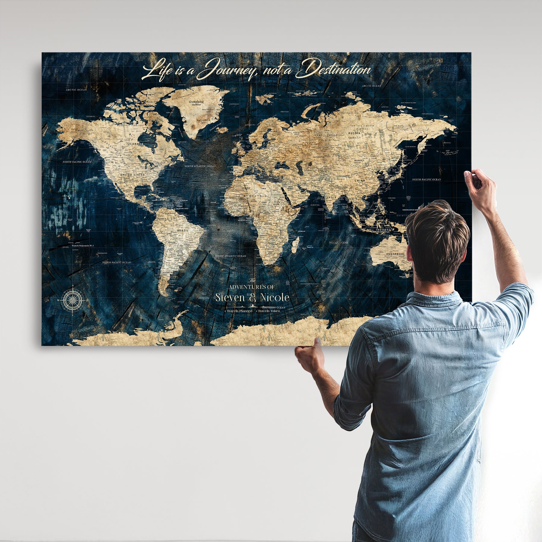 23551206-MGV-CV-36X24-Custom Push Pin World Map Wall Canvas Print – Personalized Travel Tracker with Pins – Framed Large Multi-Size Canvas for Home Office Decor