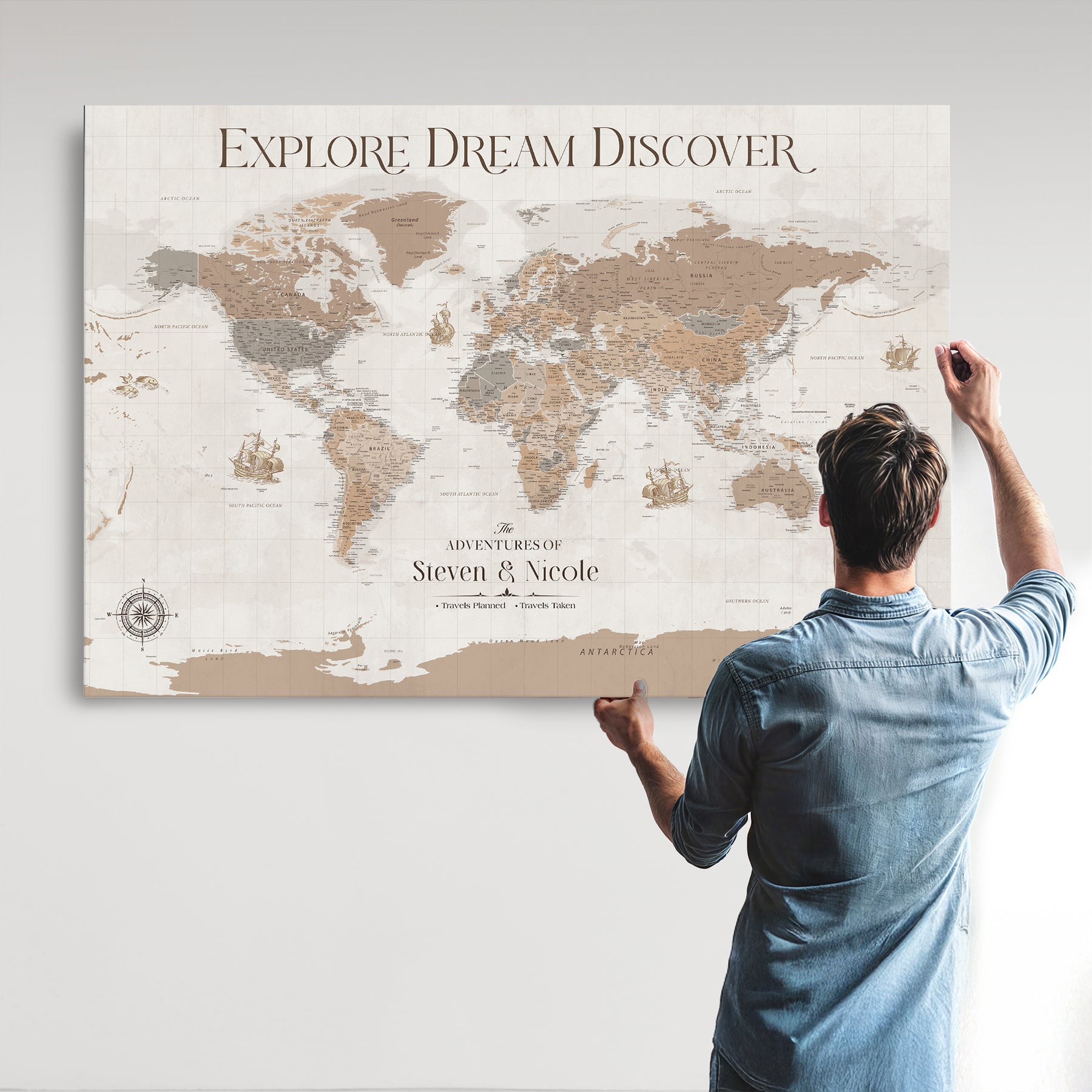 95738134-MGV-CV-36X24-Custom Push Pin World Map Wall Canvas Print – Personalized Travel Tracker with Pins – Framed Large Multi-Size Canvas for Home Office Decor