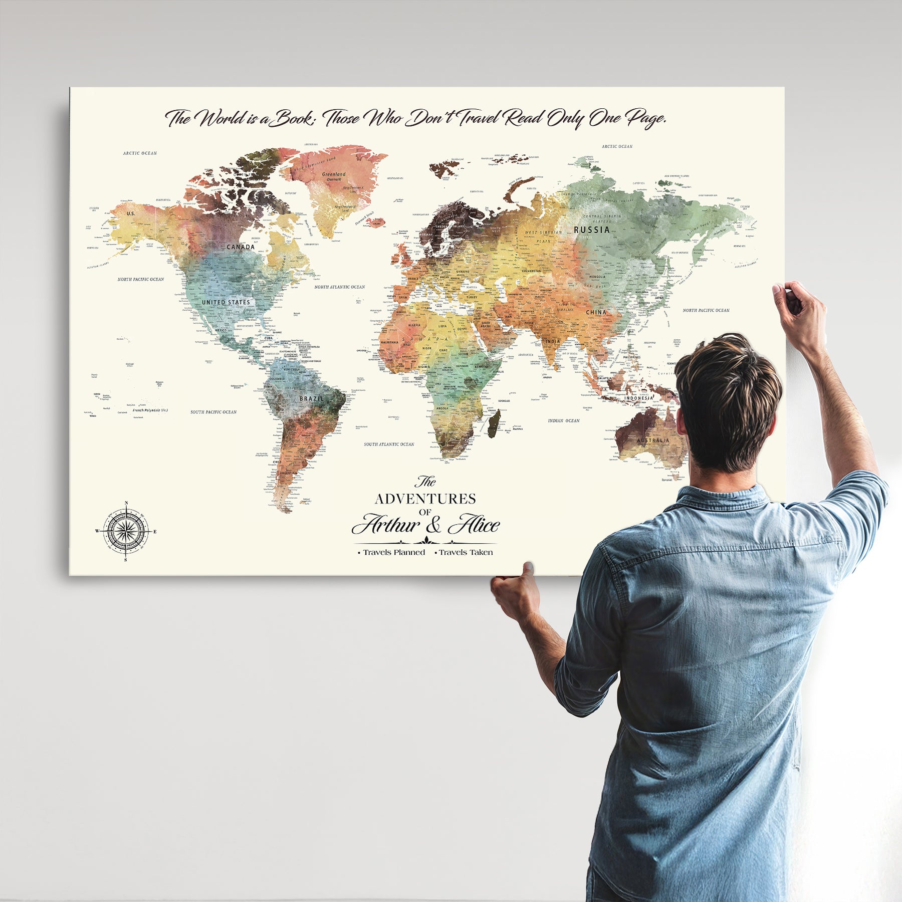 40183091-MGV-CV-36X24-Custom Framed World Map Canvas Print – Personalized Push Pin Travel Tracker Gift for Couples, Weddings, or Anniversary Celebrations