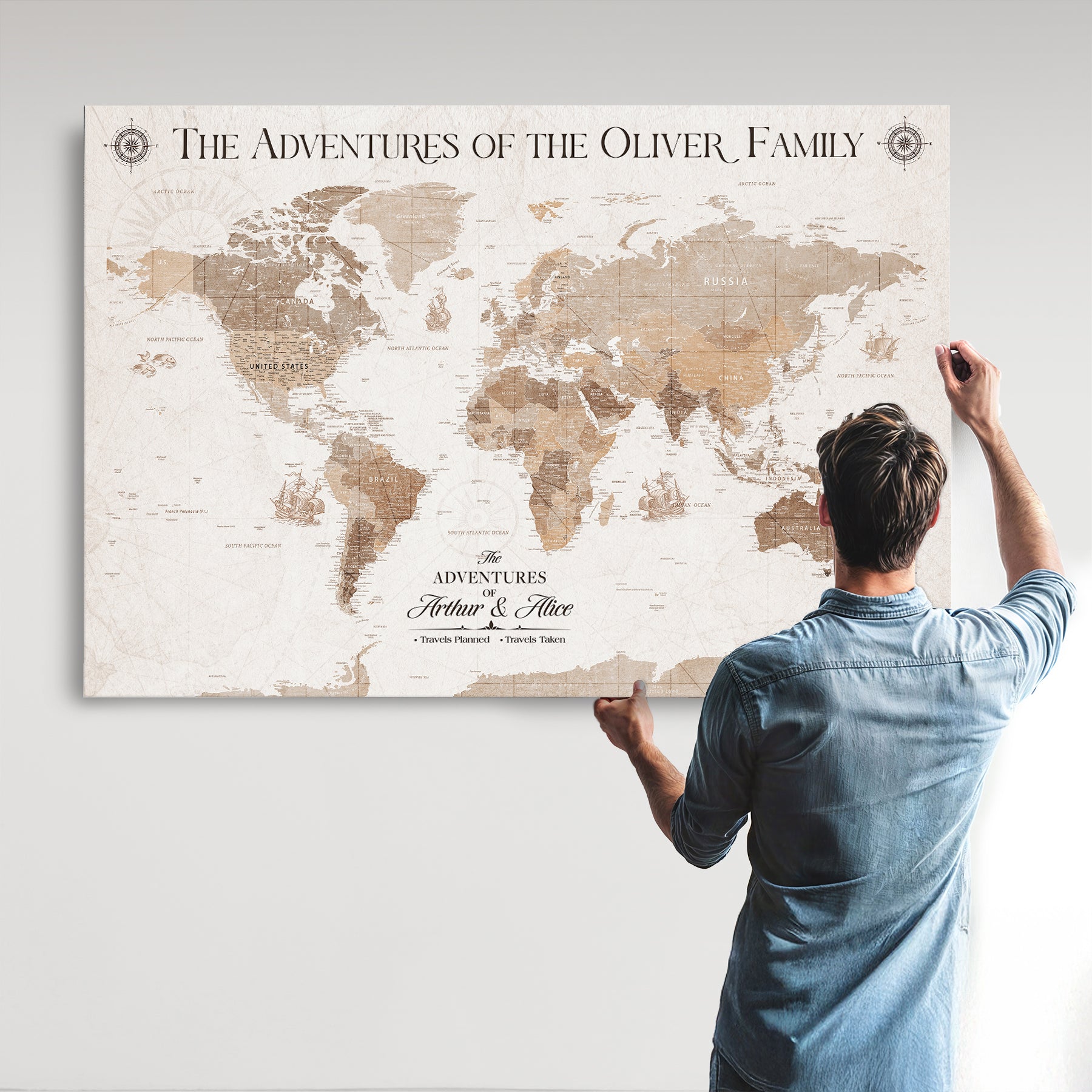 58395047-MGV-CV-36X24-Custom Push Pin World Map Wall Canvas Print – Personalized Travel Tracker with Pins – Framed Large Multi-Size Canvas for Home Office Decor