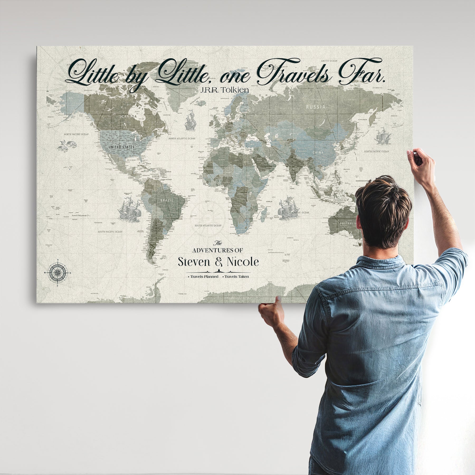 72081300-MGV-CV-36X24-Custom Push Pin World Map Wall Canvas Print – Personalized Travel Tracker with Pins – Framed Large Multi-Size Canvas for Home Office Decor