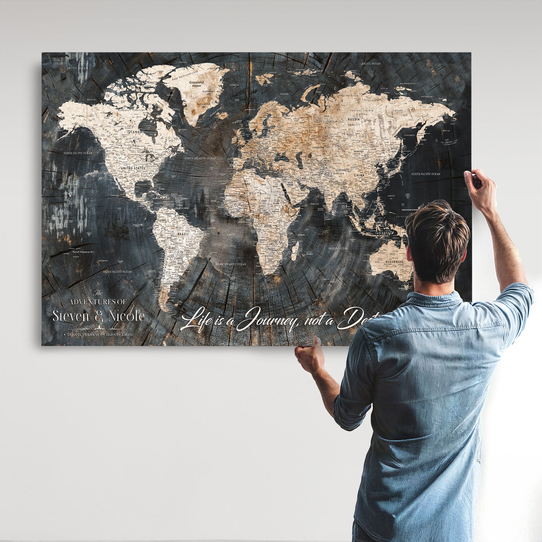 13001721-MGV-CV-36X24-Custom Push Pin World Map Wall Canvas Print – Personalized Travel Tracker with Pins – Framed Large Multi-Size Canvas for Home Office Decor