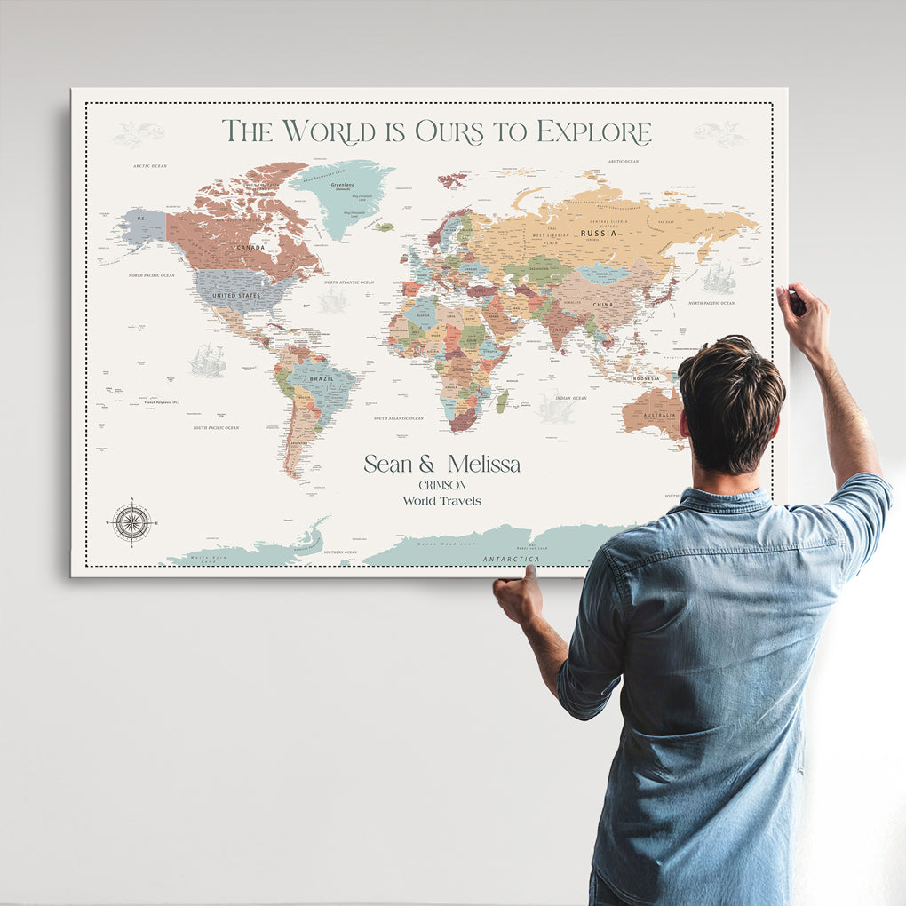 45566494-MGV-CV-36X24-Customizable World Map Push Pin Canvas Personalized Travel Gift Framed Adventure Tracker for Vacation Memories Anniversary Decor