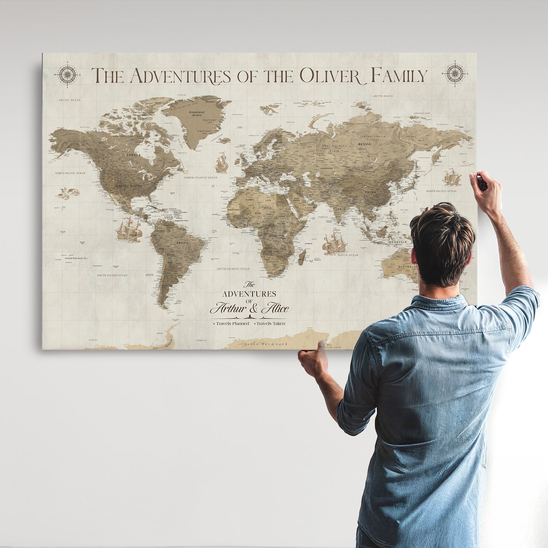 40119313-MGV-CV-36X24-World Travel Map with Pins – Push Pin Maps of Where I've Been, Framed Wall Map for Travel Memories, Old Style Decorative World Map - H12