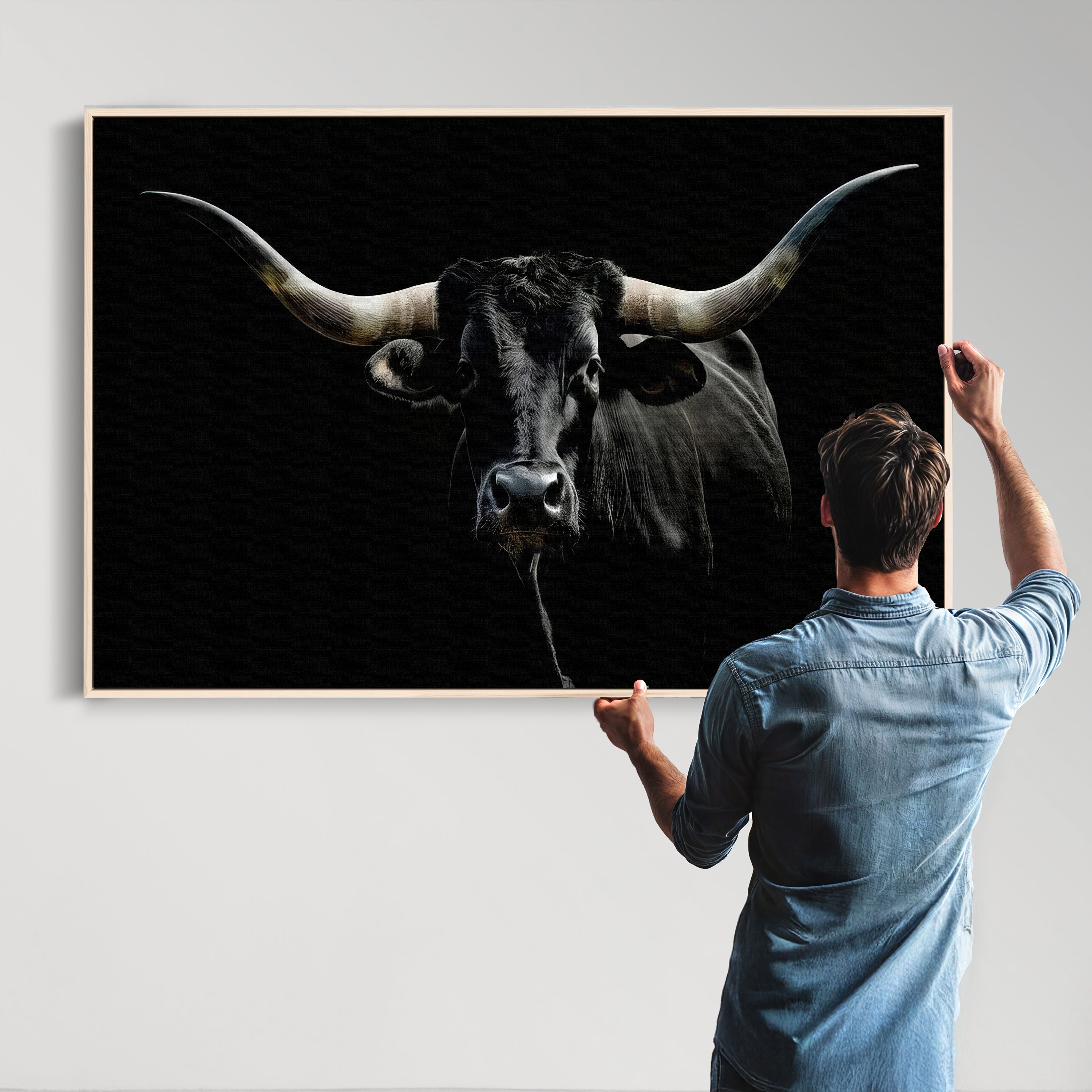 20679-MGV-CV-36X24-Texas Black Longhorn Bull Wall Art Canvas Print - Western Texas Cattle Rustic Decor Print - Longhorn Cow Wall Art