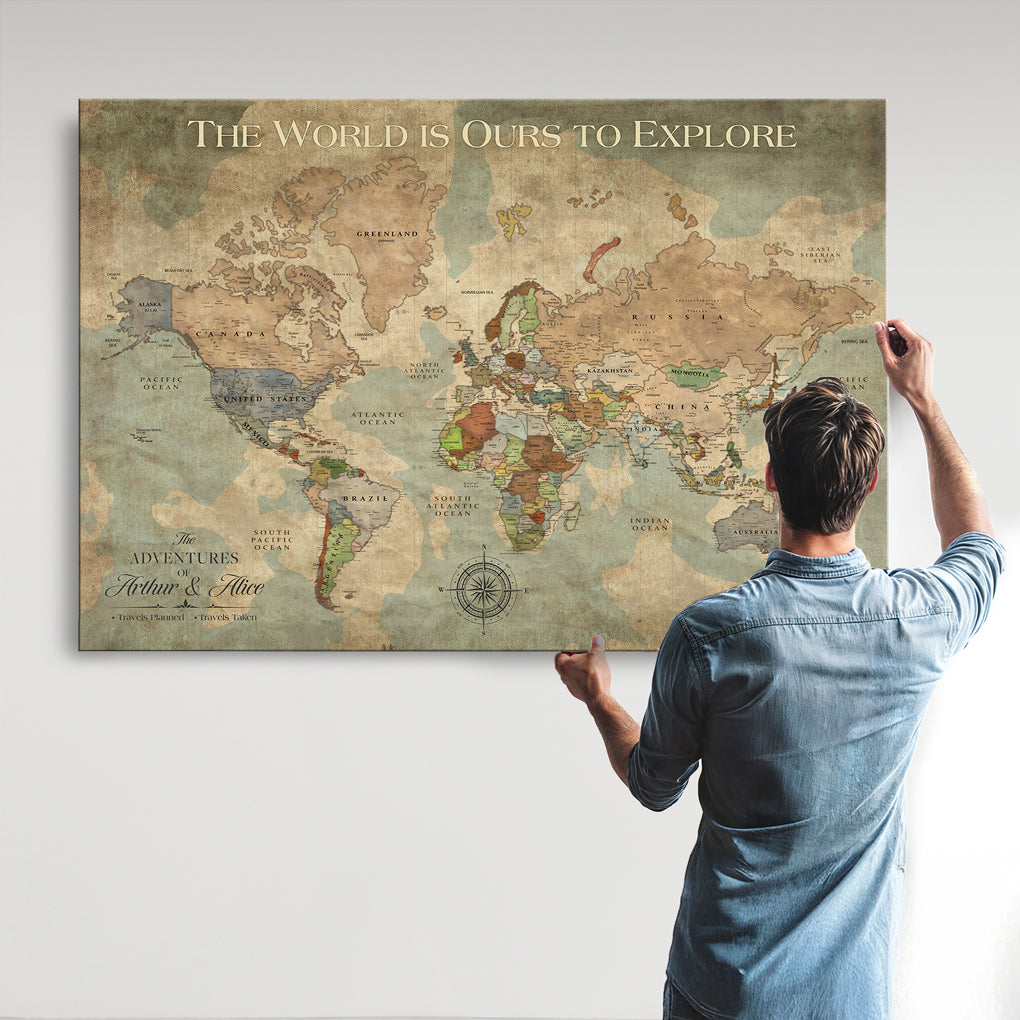 45566494-MGV-CV-36X24-Framed Personalized Push Pin World Map Custom Travel Wall Art Gift Anniversary Canvas for Home Decoration Adventure Collectors