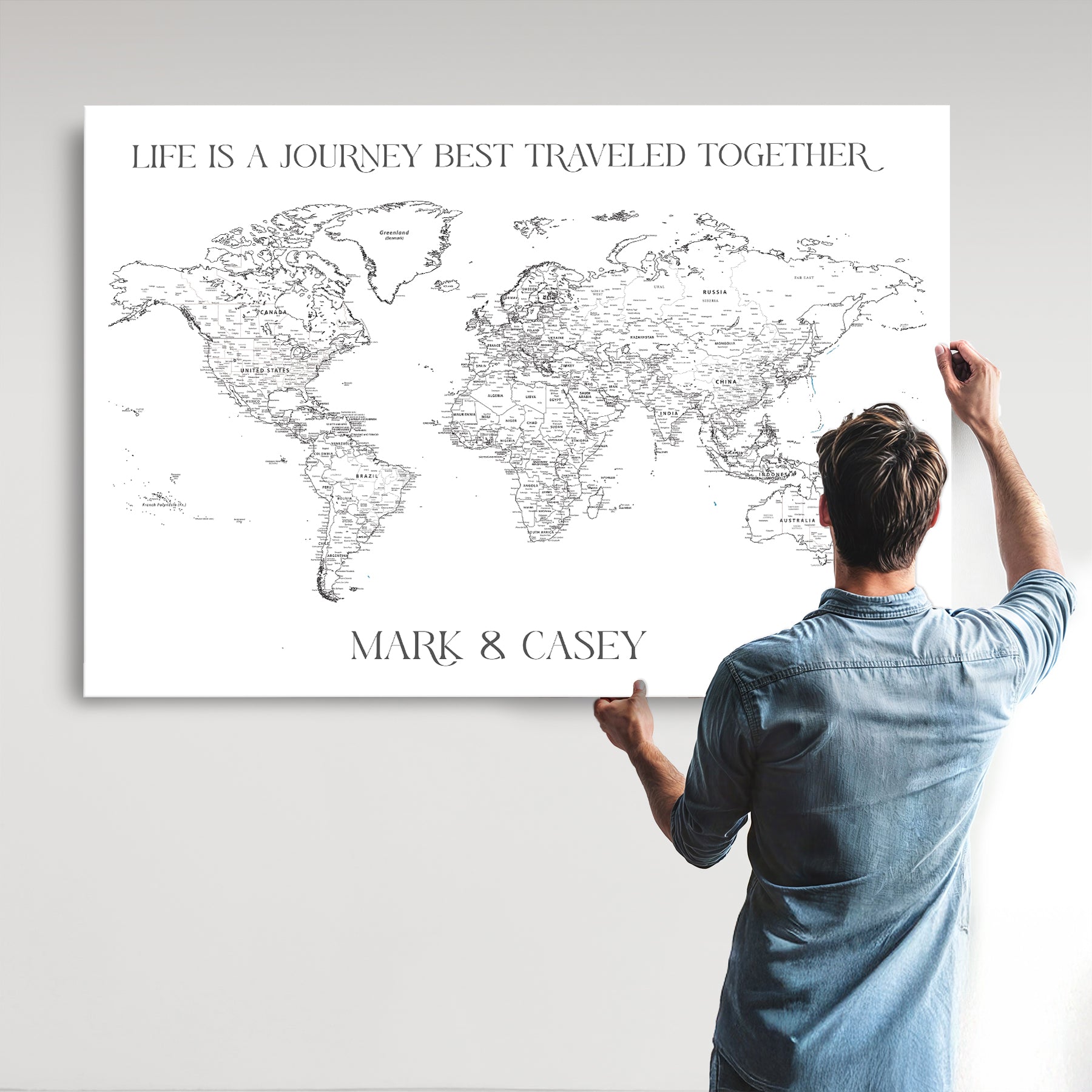 CSTM5001-MGV-CV-36X24-Personalized Push Pin World Map Wall Art, Custom Map Canvas Print, Adventure Black White Travel Decor for Couples for Anniversaries