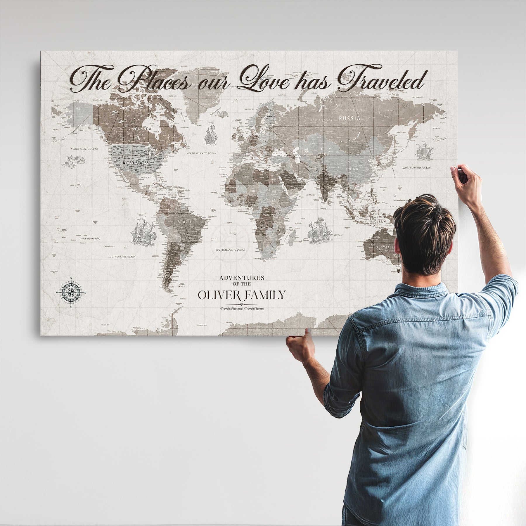 88245481-MGV-CV-36X24-Custom Push Pin World Map Wall Canvas Print – Personalized Travel Tracker with Pins – Framed Large Multi-Size Canvas for Home Office Decor