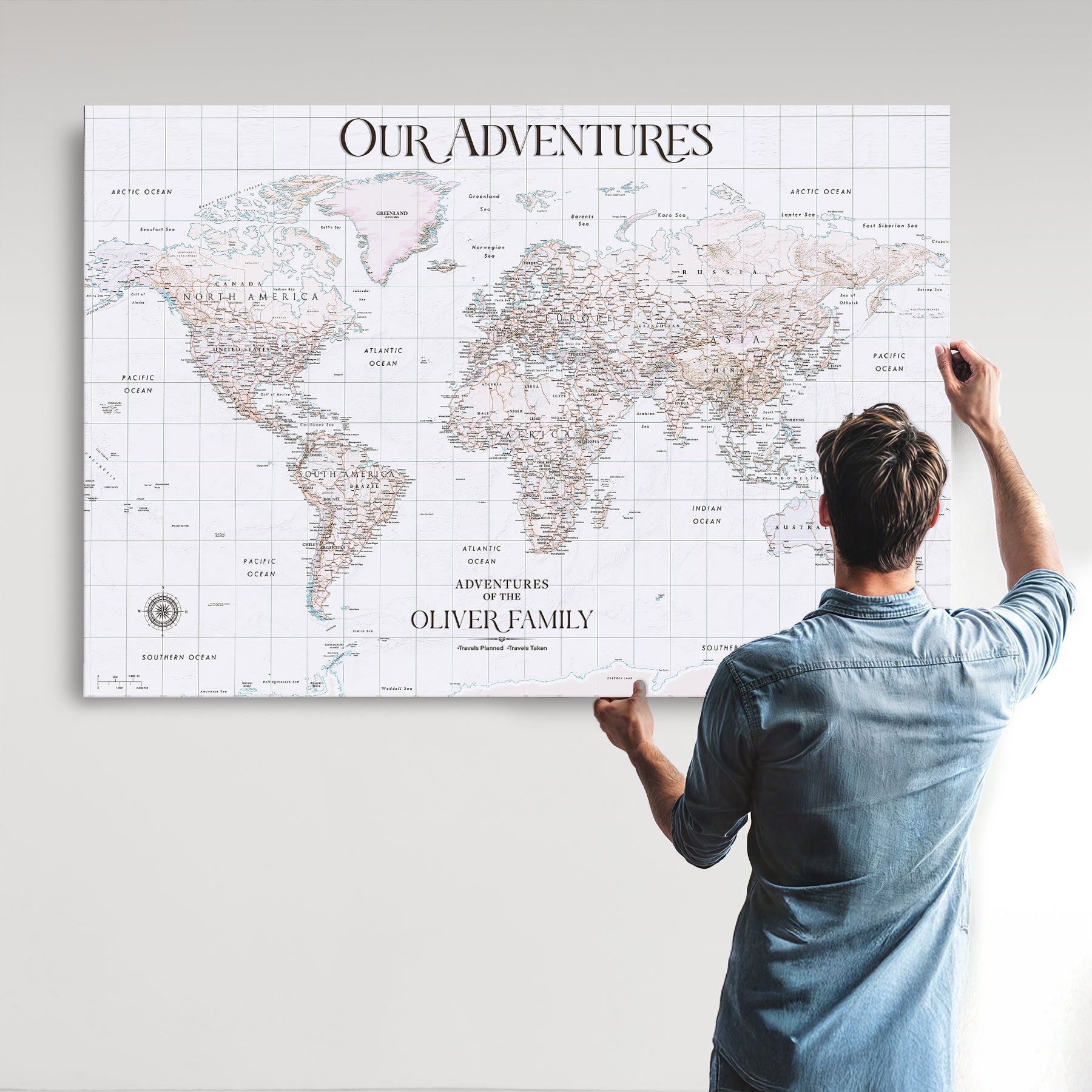 40041157-MGV-CV-36X24-Custom Push Pin World Map Wall Canvas Print – Personalized Travel Tracker with Pins – Framed Large Multi-Size Canvas for Home Office Decor
