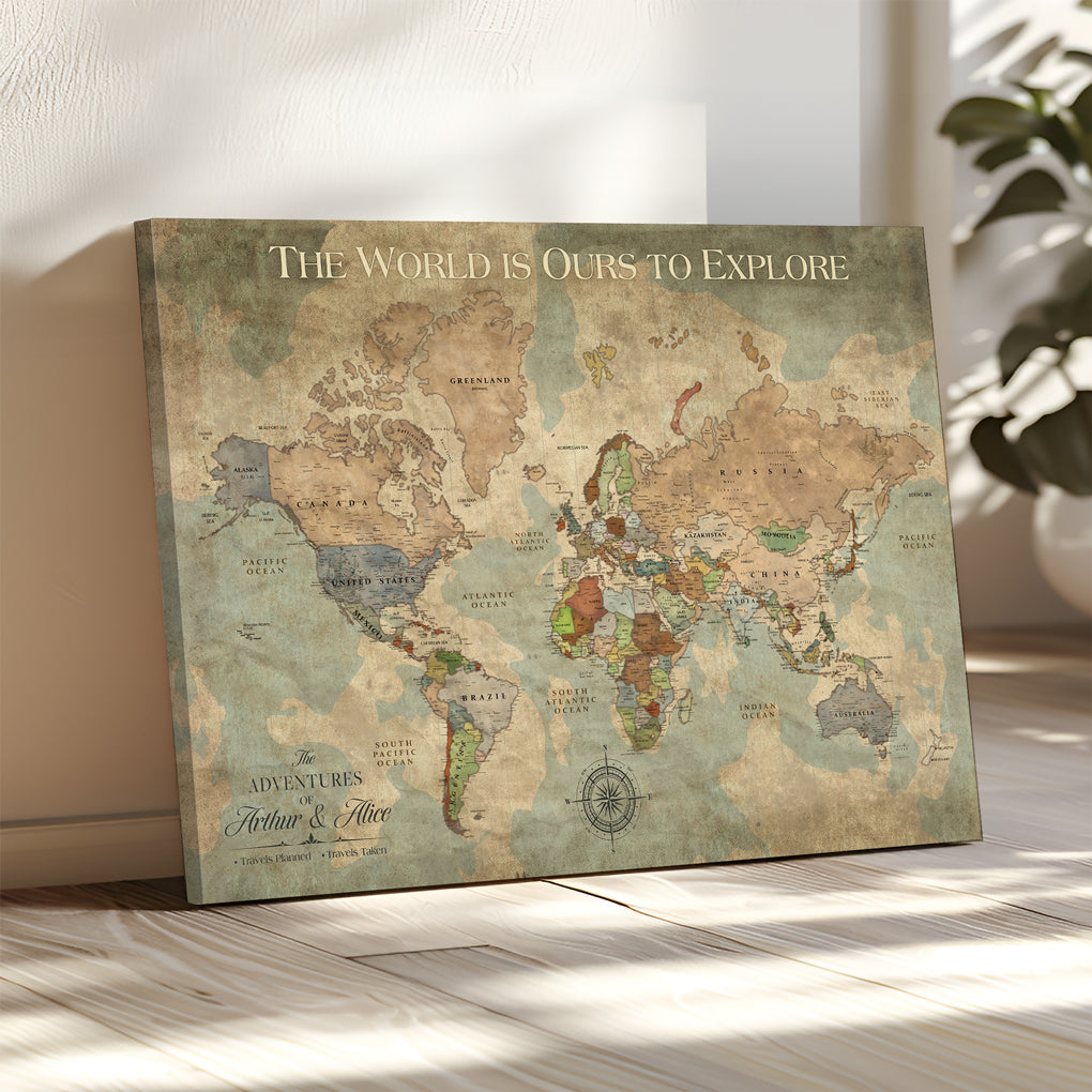 45566494-MGV-CV-36X24-Framed Personalized Push Pin World Map Custom Travel Wall Art Gift Anniversary Canvas for Home Decoration Adventure Collectors