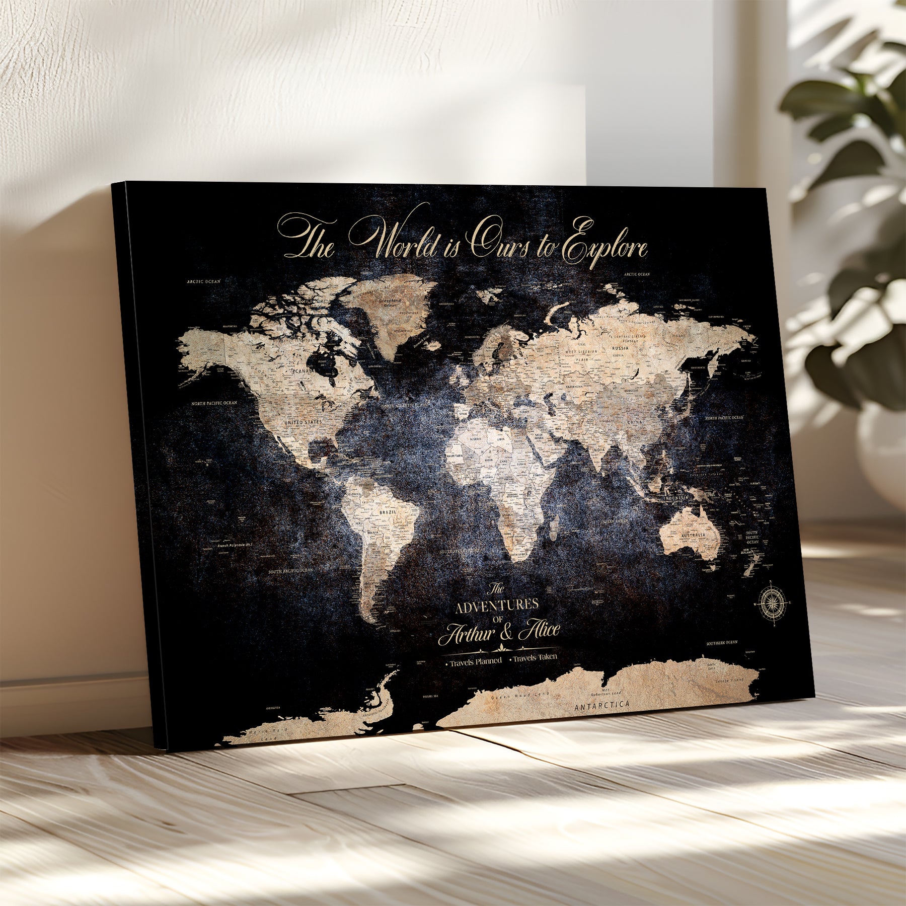 21010471-MGV-CV-36X24-Customize Push Pin World Map Wall Canvas Print, Personalized Travel Tracker with Pins, Framed Large Canvas for Home Office Decor - H37